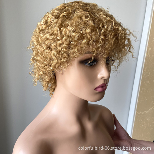 Ombre Blonde Curly Human Hair Wigs Afro Curl Wig With Bangs Mechanism wig